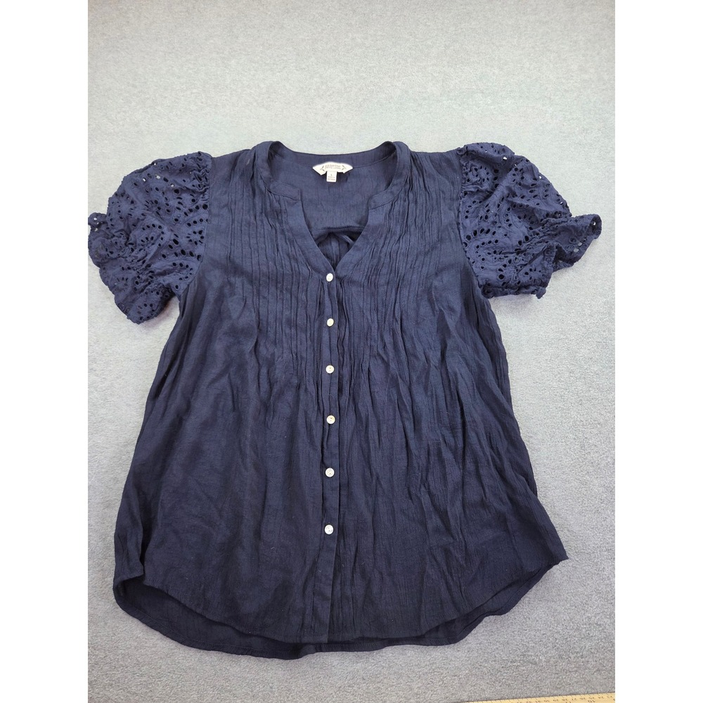 Nanette Nanette Lepore Womens Eyelet Puff Sleeve Pintuck Blouse L Navy Boho